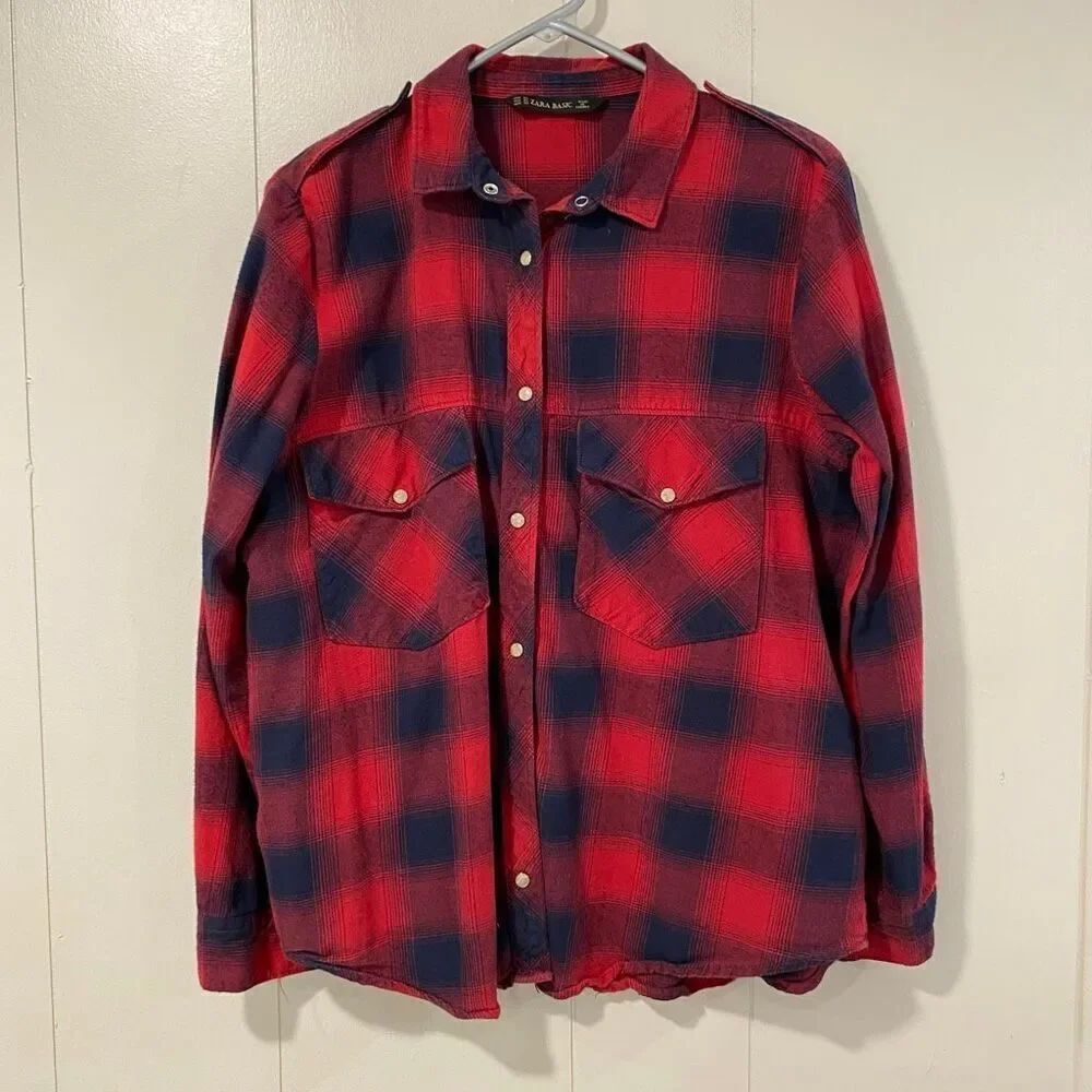 ZARA Basic Men’s Flannel Shirt XL – Red Navy Plaid Button Down